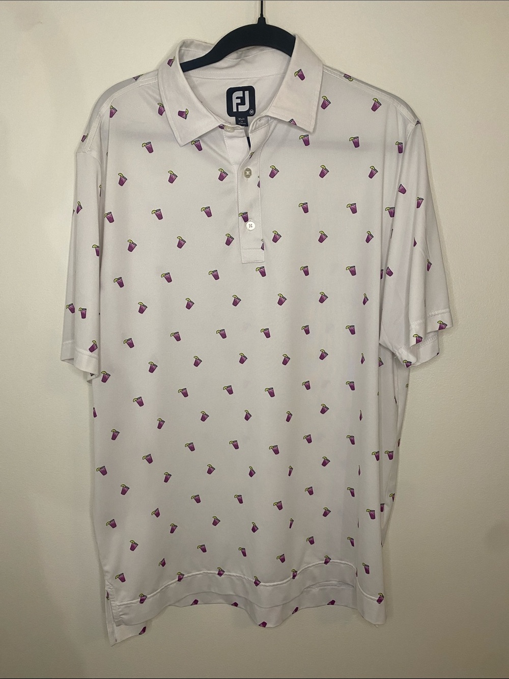 FootJoy Men's White Golf Polo Logo Transfusion Drink Pattern Medium